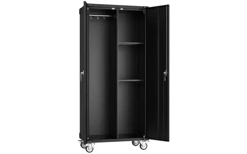 MAYEERTY 72-Inch Black Metal Garage Storage Cabinet, Lockable with Adjustable Shelves and Wheels