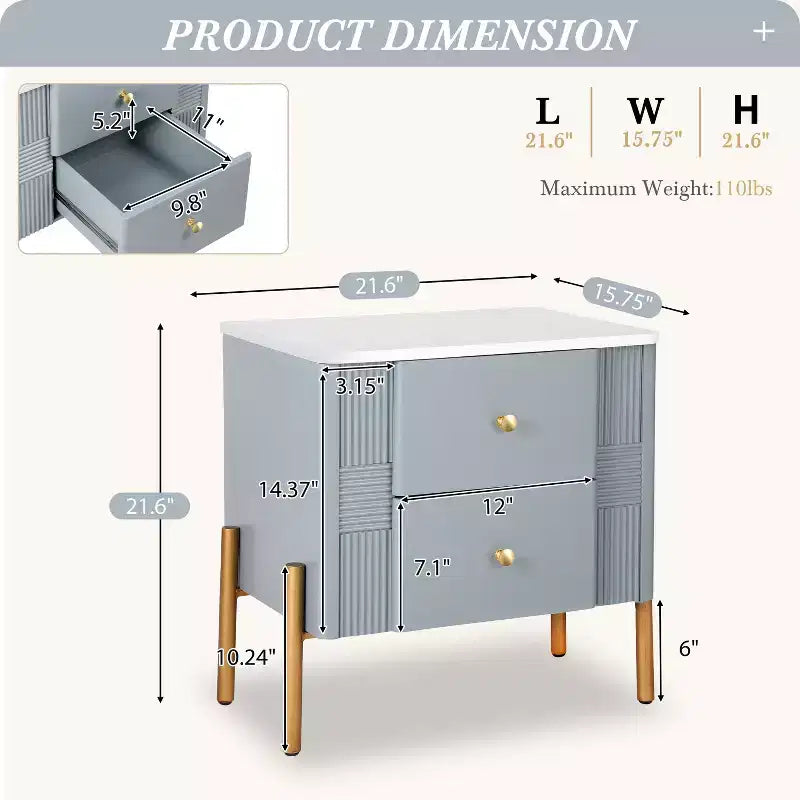 Table de chevet moderne, 2 tiroirs de rangement, pieds encastrés, poignées en métal doré, montage facile, pour salon et chambre