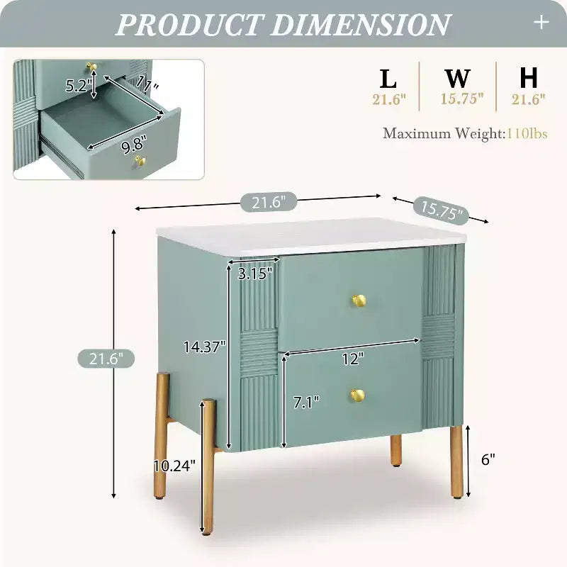 Table de chevet moderne, 2 tiroirs de rangement, pieds encastrés, poignées en métal doré, montage facile, pour salon et chambre