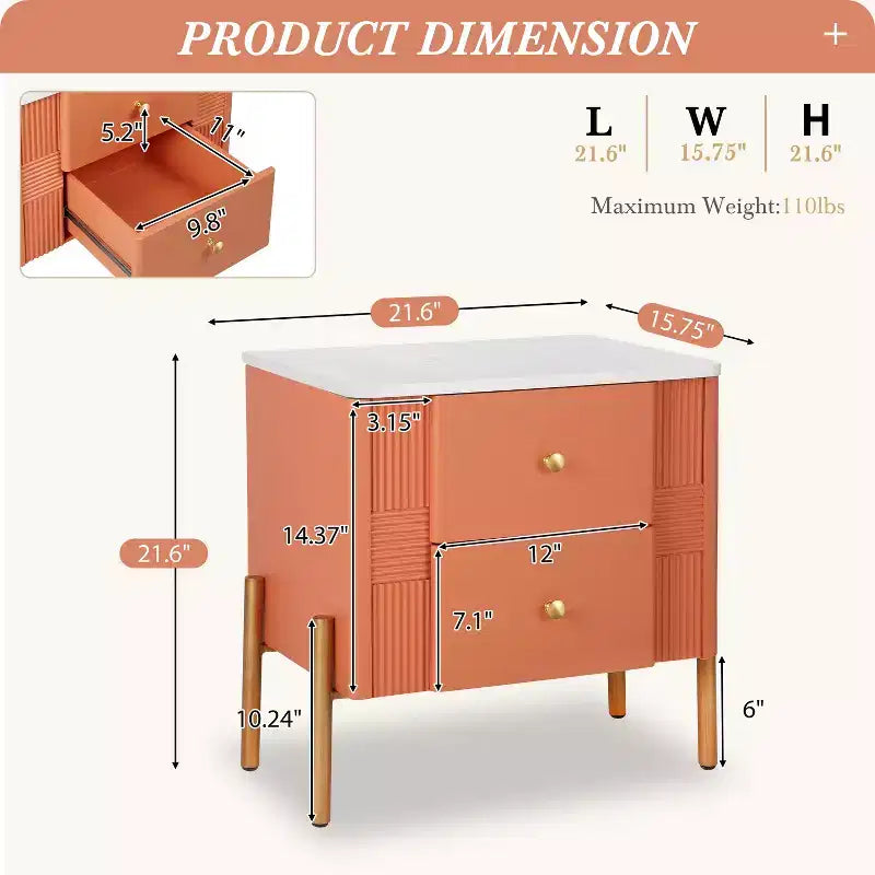 Table de chevet moderne, 2 tiroirs de rangement, pieds encastrés, poignées en métal doré, montage facile, pour salon et chambre