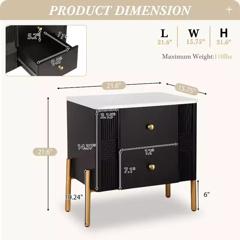 Table de chevet moderne, 2 tiroirs de rangement, pieds encastrés, poignées en métal doré, montage facile, pour salon et chambre