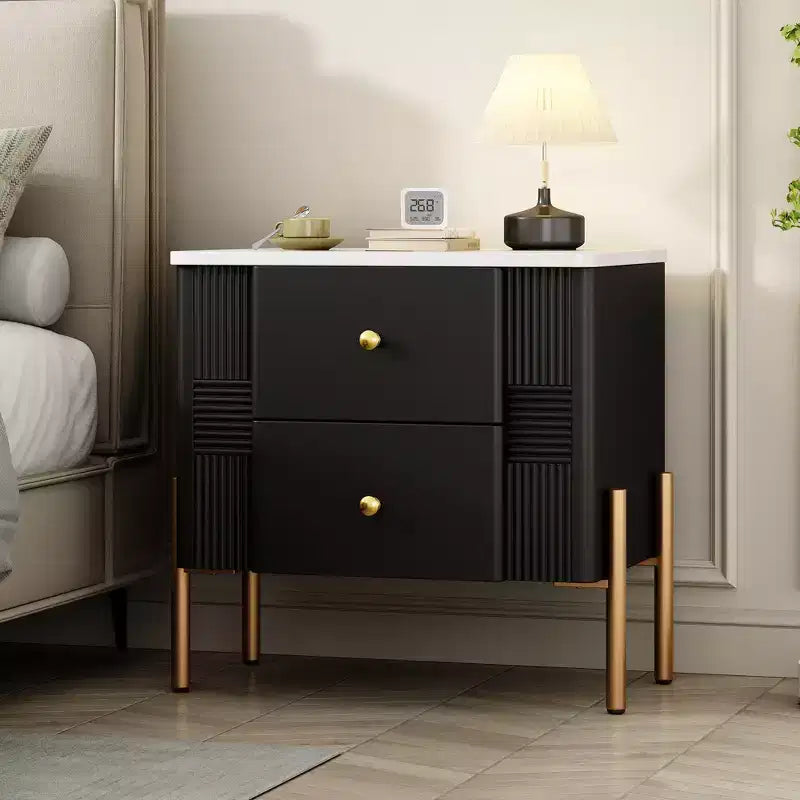 Modern Bedside Table, 2 Storage Drawers, Recessed Legs, Gold Metal Handles, Easy Assembly, for Living Room and Bedroom
