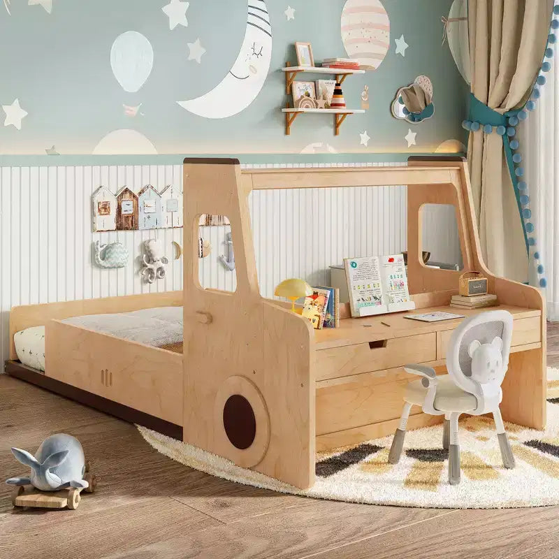 JVNOXK Fun Kids Car-Shaped Bunk Bed with Storage Drawers, Windows, and Desk Made from Natural Premium Materials Natural