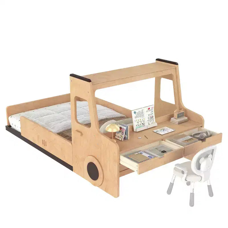 Lit superposé amusant pour enfants en forme de voiture avec tiroirs de rangement, fenêtres et bureau fabriqué à partir de matériaux naturels de première qualité Naturel
