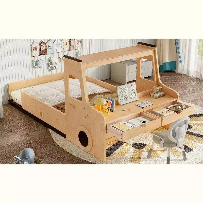 Lit superposé amusant pour enfants en forme de voiture avec tiroirs de rangement, fenêtres et bureau fabriqué à partir de matériaux naturels de première qualité Naturel