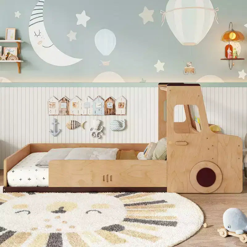 Lit superposé amusant pour enfants en forme de voiture avec tiroirs de rangement, fenêtres et bureau fabriqué à partir de matériaux naturels de première qualité Naturel