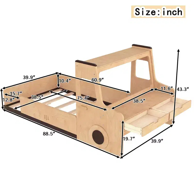 Lit superposé amusant pour enfants en forme de voiture avec tiroirs de rangement, fenêtres et bureau fabriqué à partir de matériaux naturels de première qualité Naturel