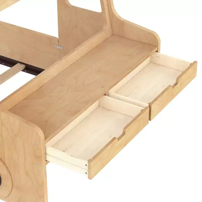 Lit superposé amusant pour enfants en forme de voiture avec tiroirs de rangement, fenêtres et bureau fabriqué à partir de matériaux naturels de première qualité Naturel