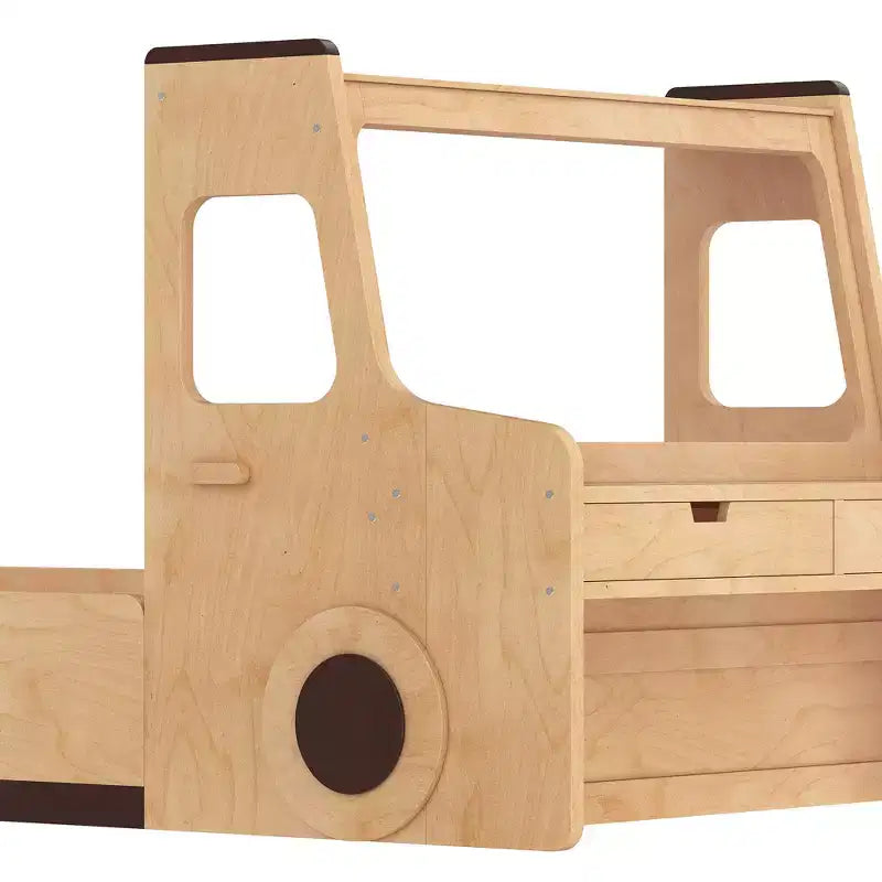 Lit superposé amusant pour enfants en forme de voiture avec tiroirs de rangement, fenêtres et bureau fabriqué à partir de matériaux naturels de première qualité Naturel