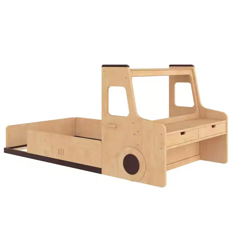 Lit superposé amusant pour enfants en forme de voiture avec tiroirs de rangement, fenêtres et bureau fabriqué à partir de matériaux naturels de première qualité Naturel