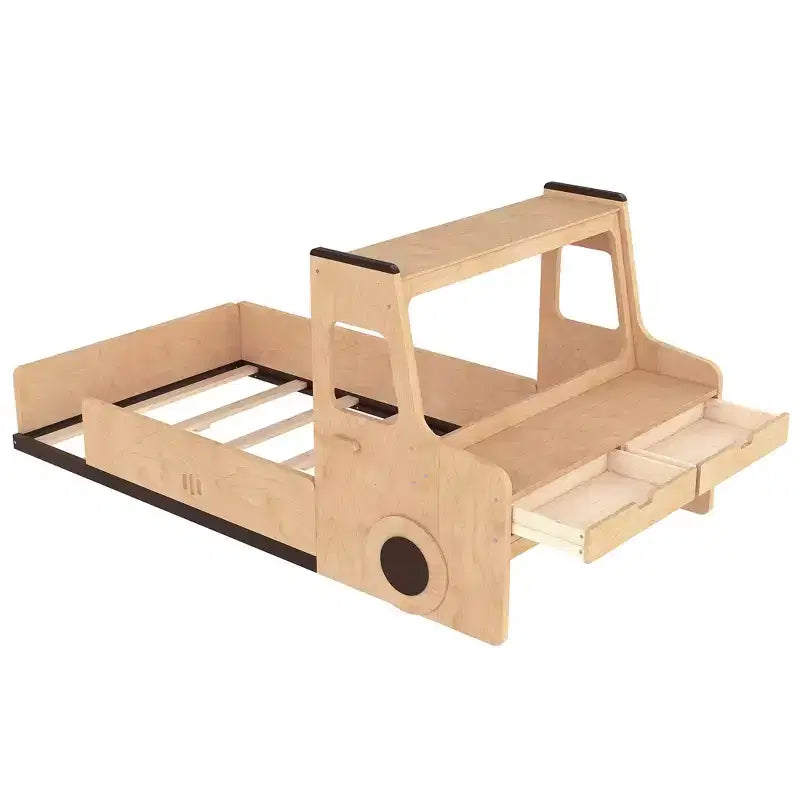 Lit superposé amusant pour enfants en forme de voiture avec tiroirs de rangement, fenêtres et bureau fabriqué à partir de matériaux naturels de première qualité Naturel
