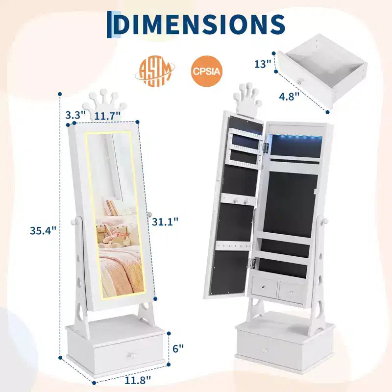 Coiffeuse Armoire à Bijoux pour Enfants avec Miroir sur Pied et 3 Tiroirs – Organisateur de Bijoux et Meuble de Maquillage pour Filles