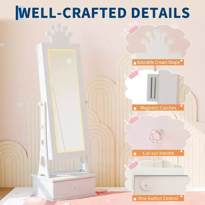 Coiffeuse Armoire à Bijoux pour Enfants avec Miroir sur Pied et 3 Tiroirs – Organisateur de Bijoux et Meuble de Maquillage pour Filles