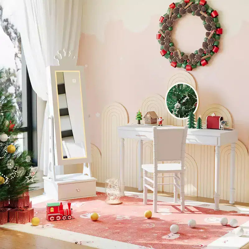 Coiffeuse Armoire à Bijoux pour Enfants avec Miroir sur Pied et 3 Tiroirs – Organisateur de Bijoux et Meuble de Maquillage pour Filles