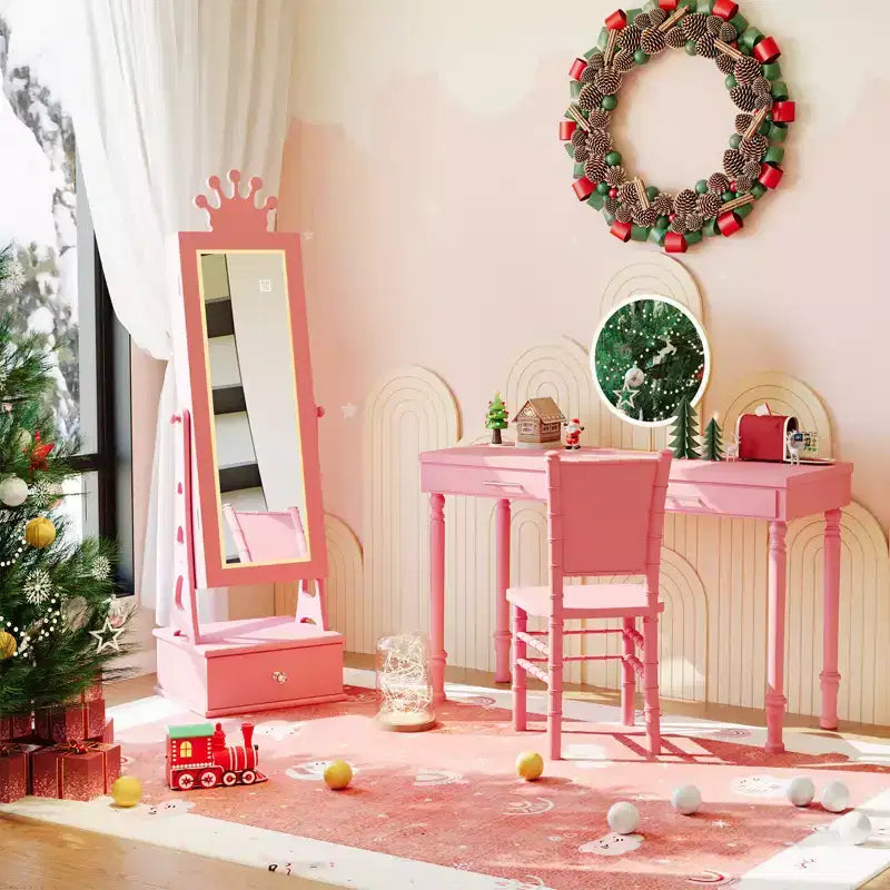 Coiffeuse Armoire à Bijoux pour Enfants avec Miroir sur Pied et 3 Tiroirs – Organisateur de Bijoux et Meuble de Maquillage pour Filles