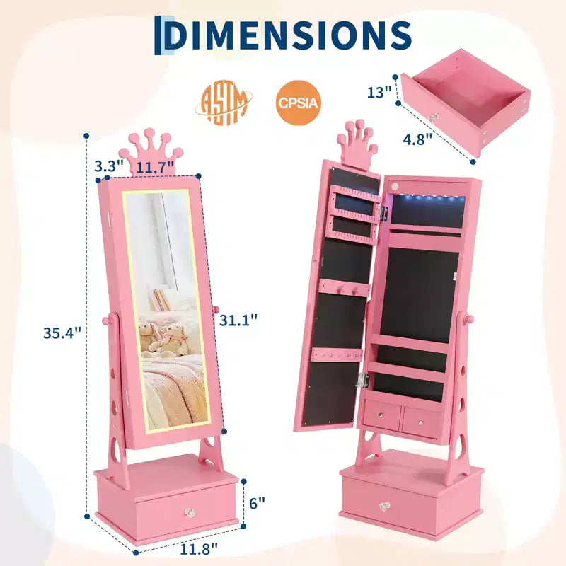 Coiffeuse Armoire à Bijoux pour Enfants avec Miroir sur Pied et 3 Tiroirs – Organisateur de Bijoux et Meuble de Maquillage pour Filles
