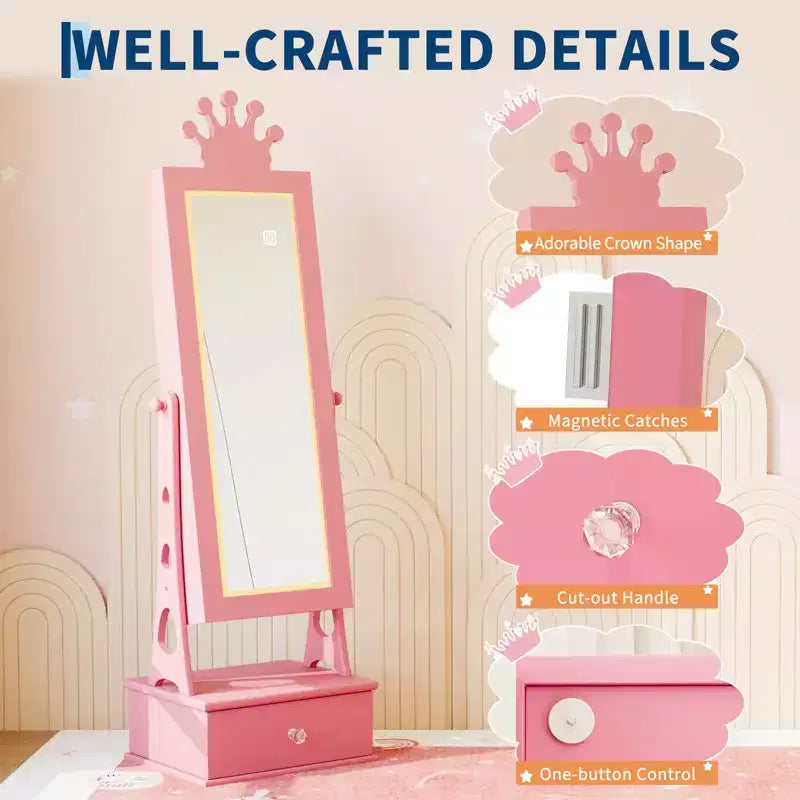 Coiffeuse Armoire à Bijoux pour Enfants avec Miroir sur Pied et 3 Tiroirs – Organisateur de Bijoux et Meuble de Maquillage pour Filles