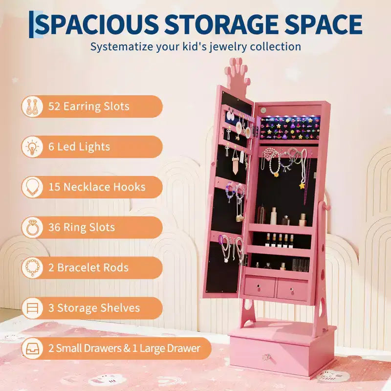 Coiffeuse Armoire à Bijoux pour Enfants avec Miroir sur Pied et 3 Tiroirs – Organisateur de Bijoux et Meuble de Maquillage pour Filles