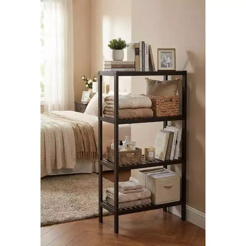 Étagère à 4 niveaux en bambou, étagère de salle de bain étroite à lattes avec finition en bois naturel, support pour plantes pour salle de bain, cuisine, entrée, chambre, véranda
