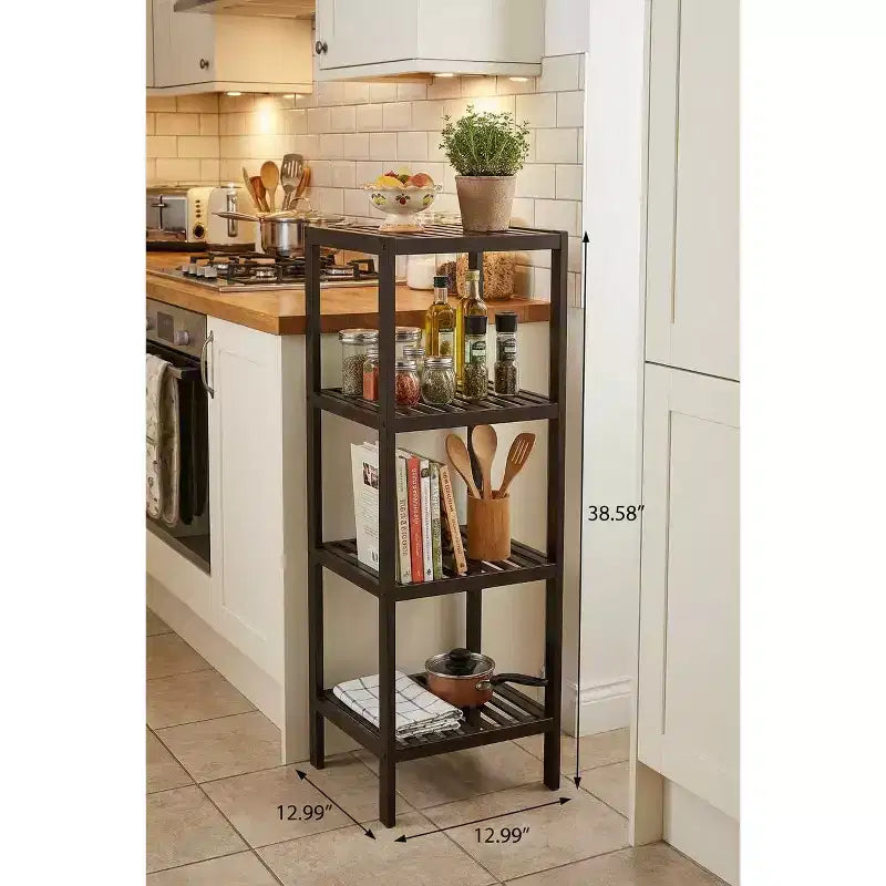 Étagère à 4 niveaux en bambou, étagère de salle de bain étroite à lattes avec finition en bois naturel, support pour plantes pour salle de bain, cuisine, entrée, chambre, véranda