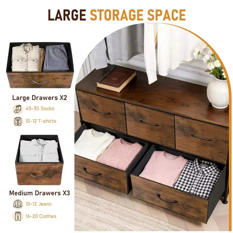 Commode de Rangement Spacieuse à 5 Tiroirs en Tissu, Commode de Chambre Moderne, Meuble de Rangement à Cadre Métallique, Tiroirs Larges Amovibles