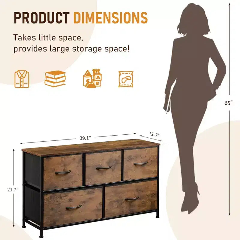 Commode de Rangement Spacieuse à 5 Tiroirs en Tissu, Commode de Chambre Moderne, Meuble de Rangement à Cadre Métallique, Tiroirs Larges Amovibles
