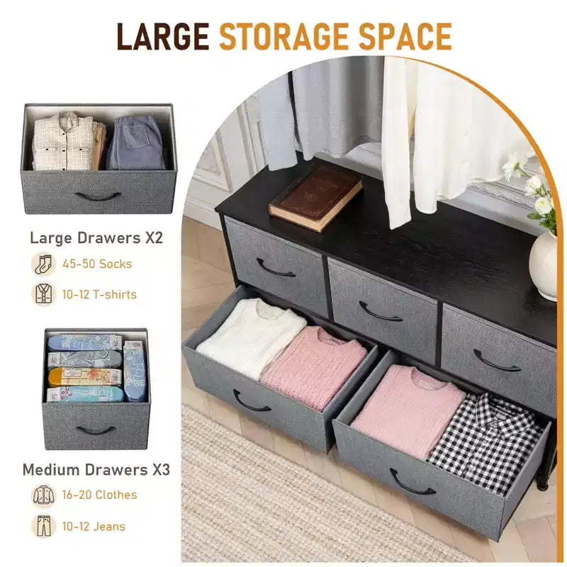 Commode de Rangement Spacieuse à 5 Tiroirs en Tissu, Commode de Chambre Moderne, Meuble de Rangement à Cadre Métallique, Tiroirs Larges Amovibles