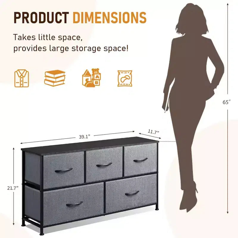 Commode de Rangement Spacieuse à 5 Tiroirs en Tissu, Commode de Chambre Moderne, Meuble de Rangement à Cadre Métallique, Tiroirs Larges Amovibles