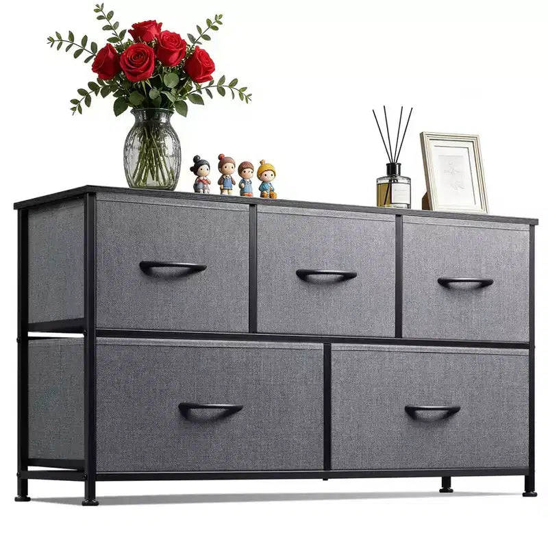 Spacious Storage Solution 5-Drawer Fabric Dresser  Modern Bedroom Chest  Metal Frame Organizer  Wide Removable Drawers