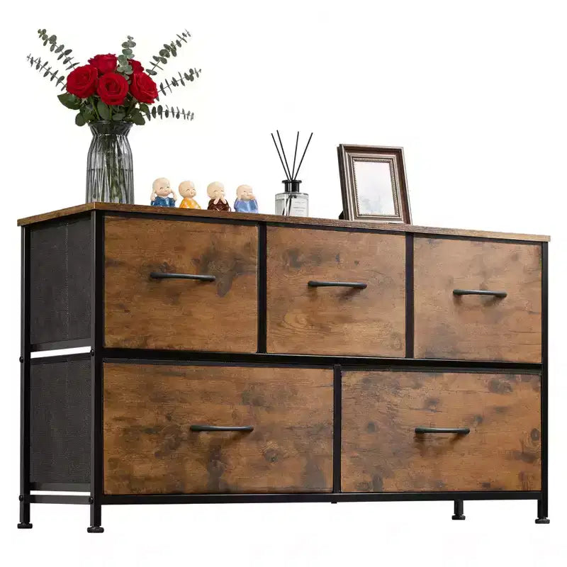 Commode de Rangement Spacieuse à 5 Tiroirs en Tissu, Commode de Chambre Moderne, Meuble de Rangement à Cadre Métallique, Tiroirs Larges Amovibles