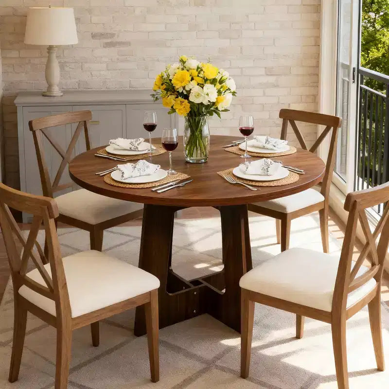 Table de salle à manger ronde de ferme 43,3 po pour 4, Table de cuisine ronde en bois peu encombrante avec base piédestal robuste pour petits espaces et salle à manger