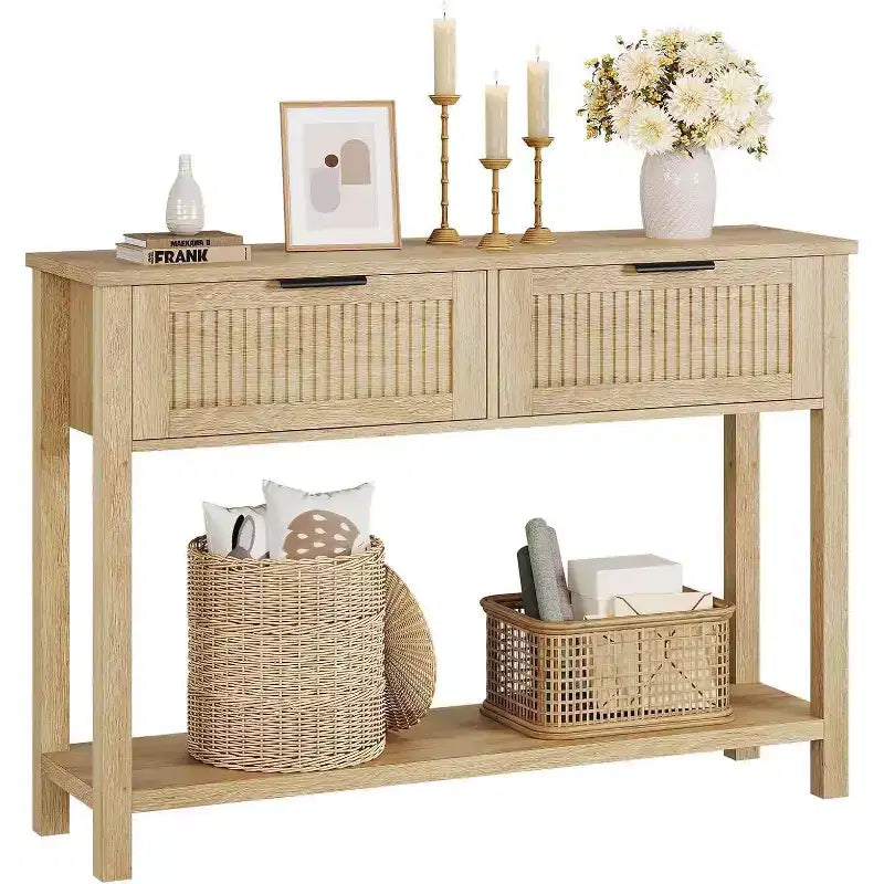Acekool Modern Fluted Console Table with 2 Drawers  Narrow Entryway Sofa Table with Storage Shelf for Living Room, Hallway, Foyer  Burlywood