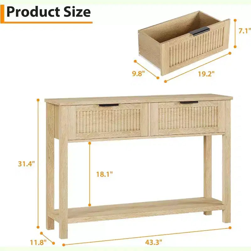 Console étroite à cannelures modernes avec 2 tiroirs, table de canapé d'entrée avec étagère de rangement pour salon, couloir, foyer Bois clair