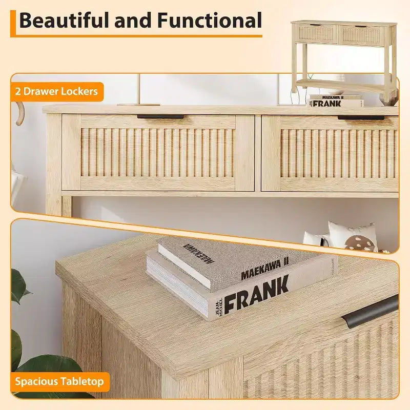 Console étroite à cannelures modernes avec 2 tiroirs, table de canapé d'entrée avec étagère de rangement pour salon, couloir, foyer Bois clair