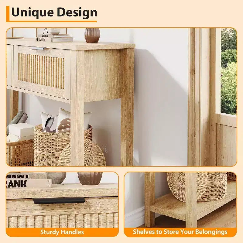 Console étroite à cannelures modernes avec 2 tiroirs, table de canapé d'entrée avec étagère de rangement pour salon, couloir, foyer Bois clair