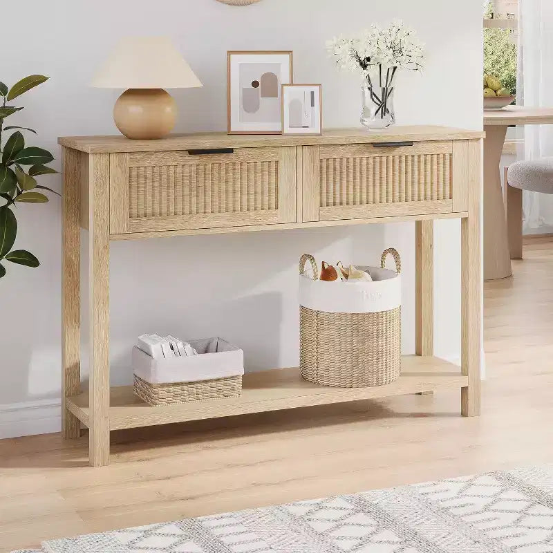 Console étroite à cannelures modernes avec 2 tiroirs, table de canapé d'entrée avec étagère de rangement pour salon, couloir, foyer Bois clair