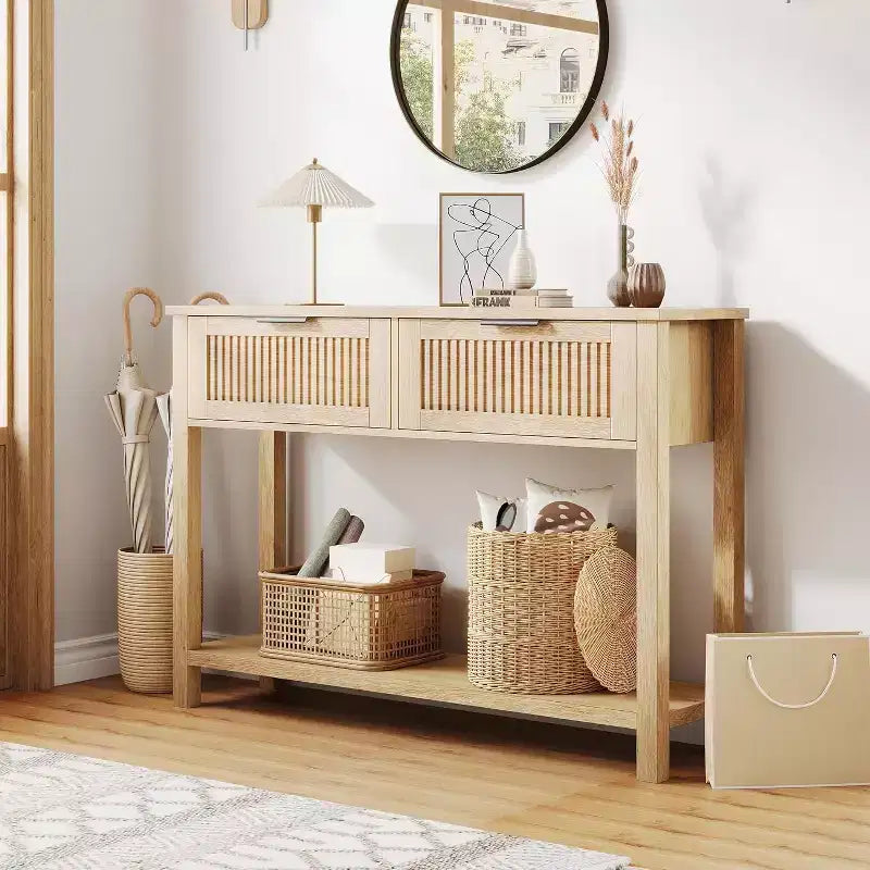Console étroite à cannelures modernes avec 2 tiroirs, table de canapé d'entrée avec étagère de rangement pour salon, couloir, foyer Bois clair