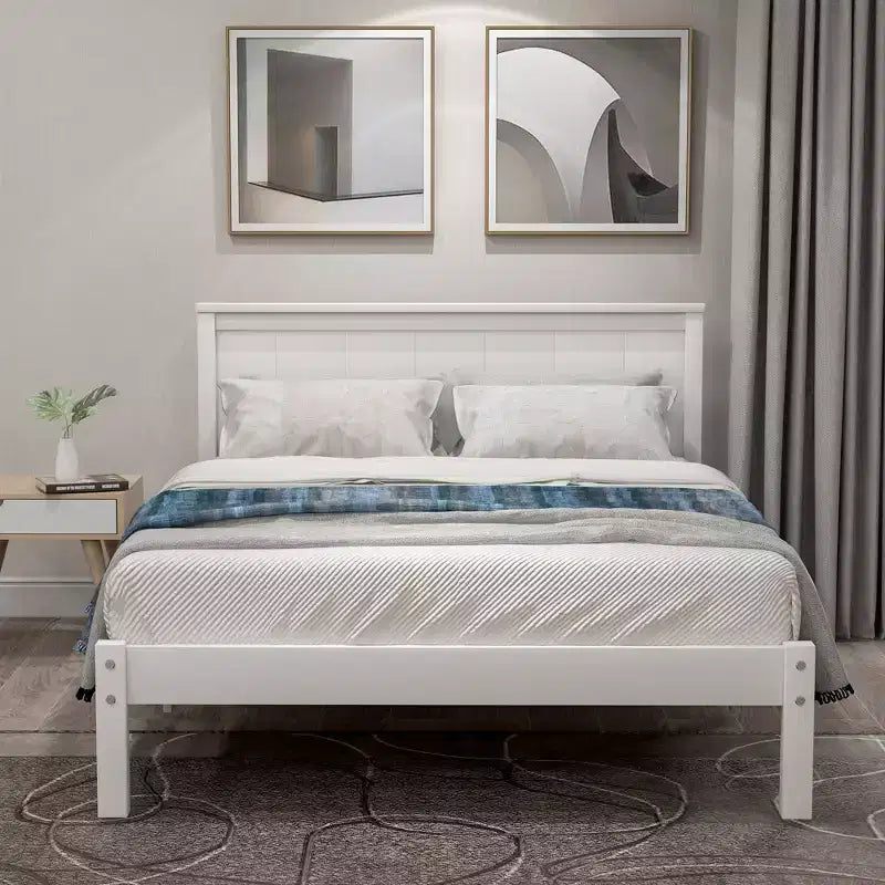 Lit plateforme double avec tête de lit, montage facile, blanc