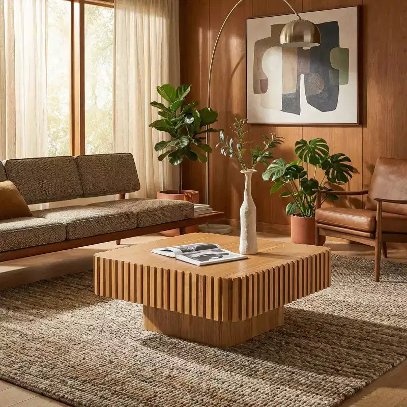 JVNOXK Modern 35.43 Inch Handcraft Drum Coffee Table Square Coffee Table for Living Room,with Sturdy MDF Pedesta,Narual