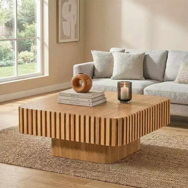 Table basse carrée à tambour fabriquée à la main de 90 cm pour salon, avec piédestal en MDF robuste, naturelle