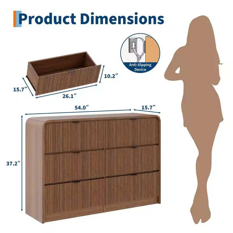 Commode 6 tiroirs cannelée, commode de chambre moderne avec bords arrondis, finition bois, grand meuble de rangement pour chambre, salon et couloir