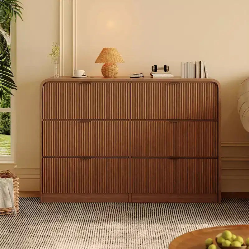 Commode 6 tiroirs cannelée, commode de chambre moderne avec bords arrondis, finition bois, grand meuble de rangement pour chambre, salon et couloir