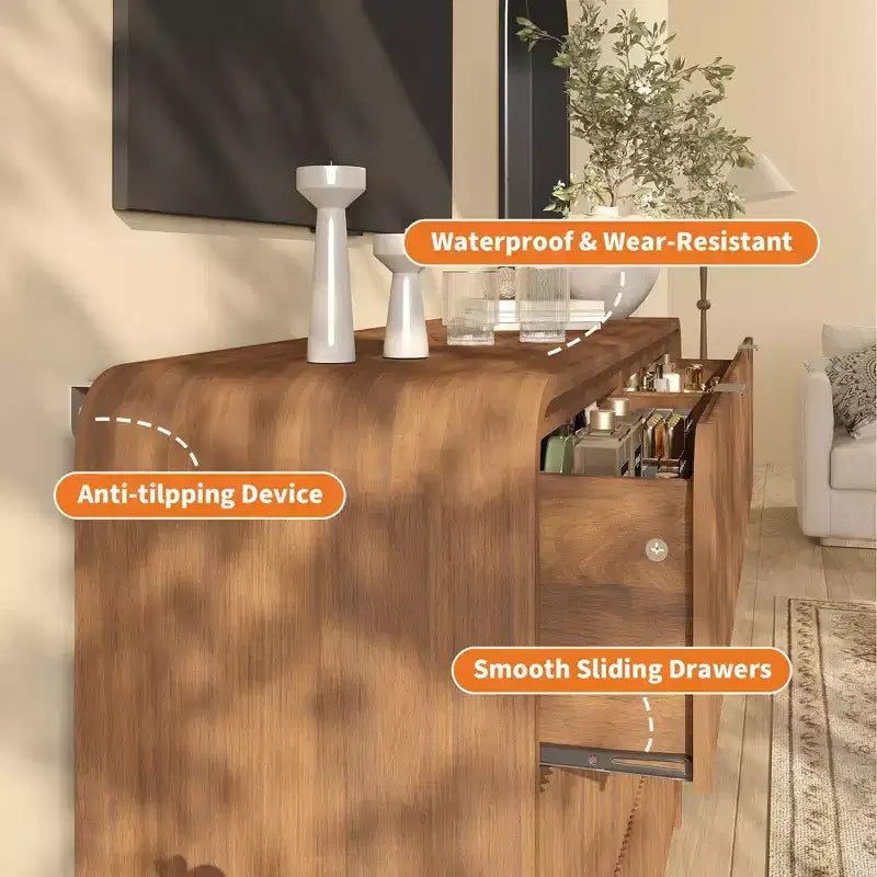 Commode 6 tiroirs cannelée, commode de chambre moderne avec bords arrondis, finition bois, grand meuble de rangement pour chambre, salon et couloir