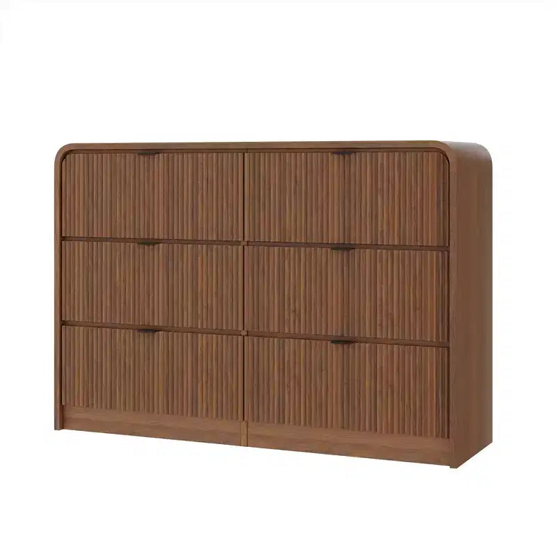 Commode 6 tiroirs cannelée, commode de chambre moderne avec bords arrondis, finition bois, grand meuble de rangement pour chambre, salon et couloir
