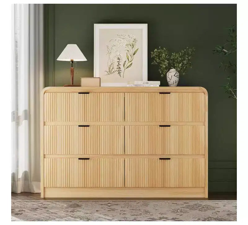 Commode 6 tiroirs cannelée, commode de chambre moderne avec bords arrondis, finition bois, grand meuble de rangement pour chambre, salon et couloir