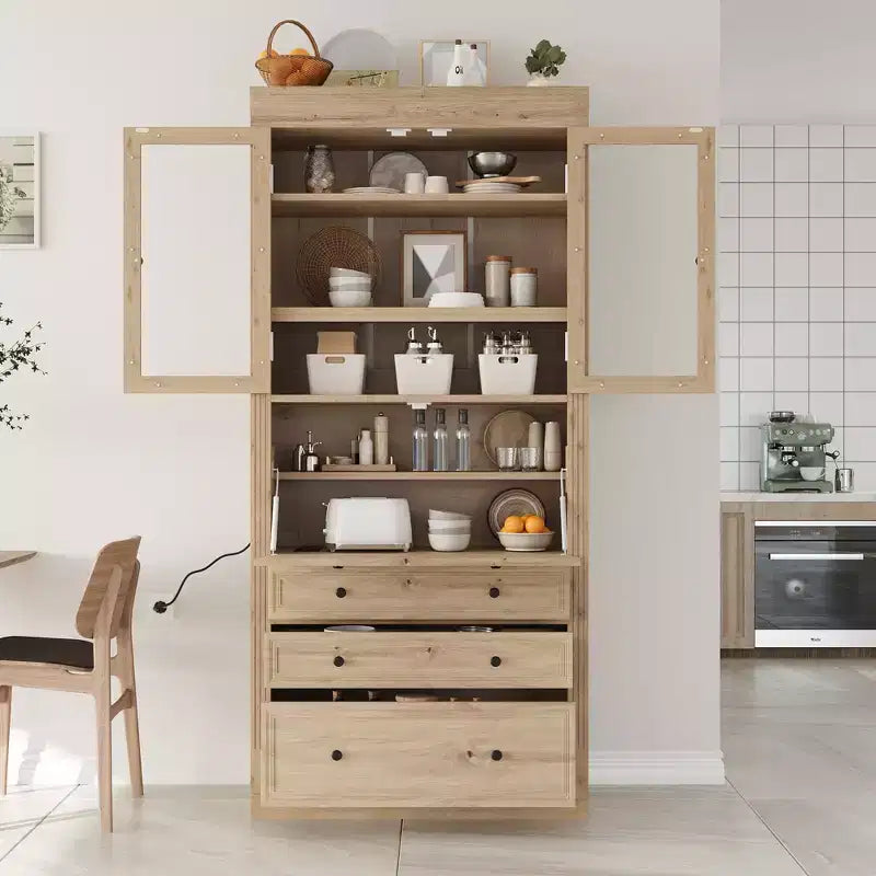 Armoire de cuisine haute avec prises de courant, meuble de rangement autonome avec 3 tiroirs et étagères réglables pour salle à manger
