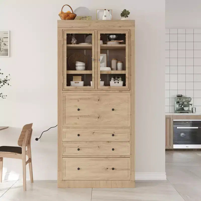 Armoire de cuisine haute avec prises de courant, meuble de rangement autonome avec 3 tiroirs et étagères réglables pour salle à manger