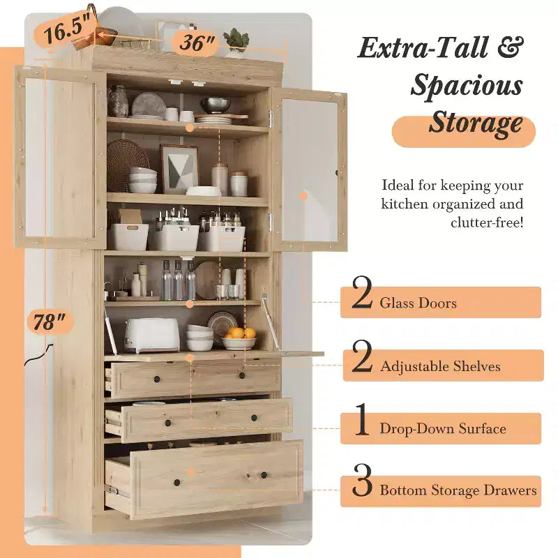 Armoire de cuisine haute avec prises de courant, meuble de rangement autonome avec 3 tiroirs et étagères réglables pour salle à manger