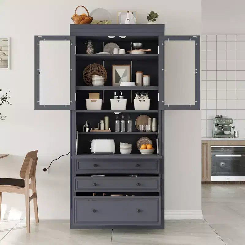 Armoire de cuisine haute avec prises de courant, meuble de rangement autonome avec 3 tiroirs et étagères réglables pour salle à manger
