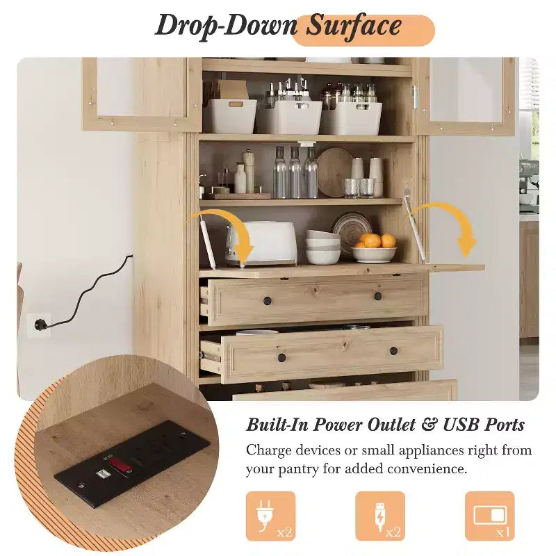 Armoire de cuisine haute avec prises de courant, meuble de rangement autonome avec 3 tiroirs et étagères réglables pour salle à manger